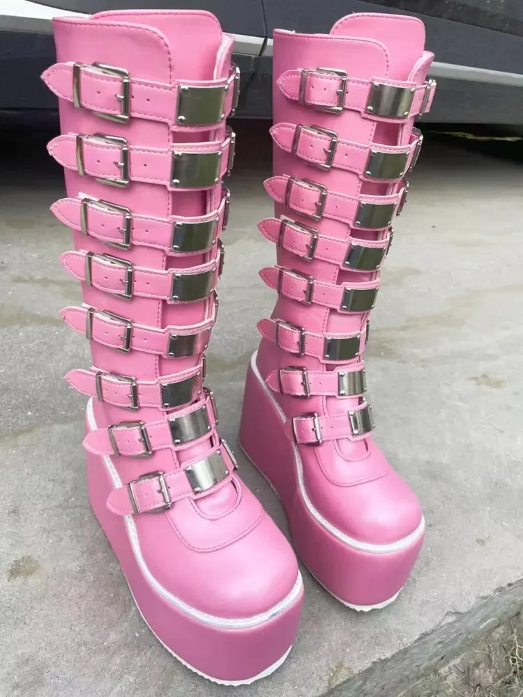 Frauen Stiefel Cosplay Damen High Heel Plattform Keile Frauen Hohe Stiefel Gothic Schnalle Lange Röhre Leder Weibliche Stiefel Plus Si – Detail 7