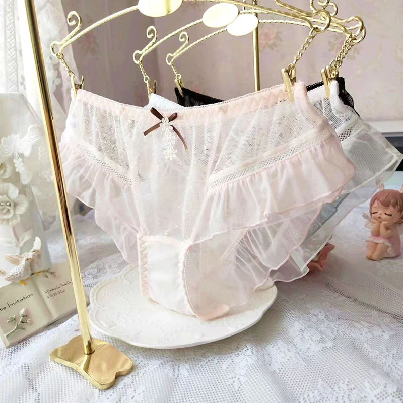 Women Cute Lovely Sweety Lolita Princess Style Sexy Lace Transparent Dot Underwear Mesh Ruffles Breathable Panties Breifs
