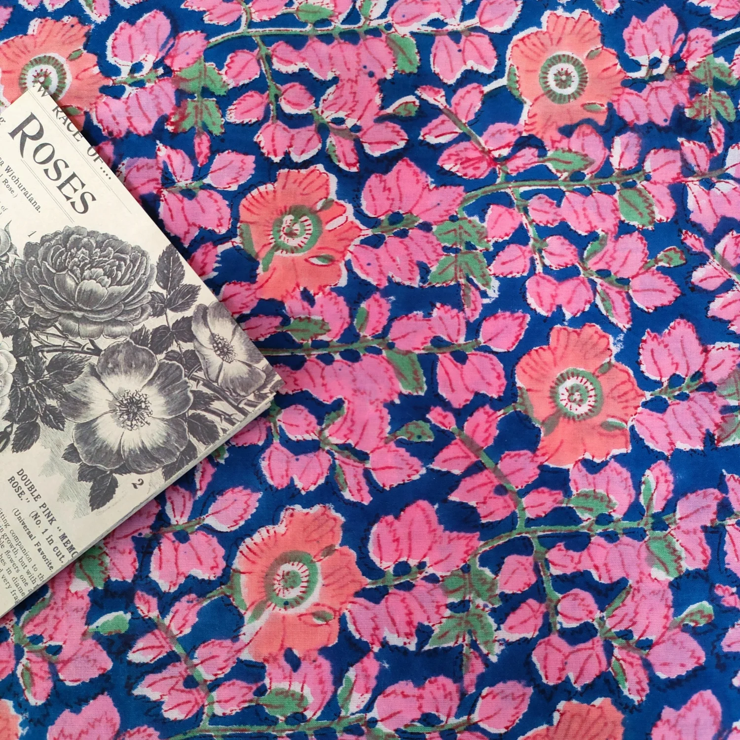 

Sustainable fashion floral print and Rose motifs 100% pure cotton hand block print Indian textiles sold by the meter bohemia