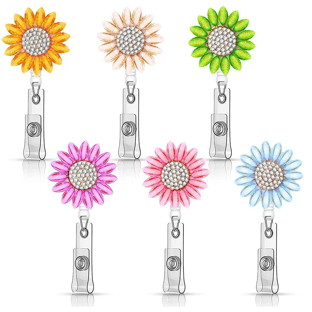 

6Pcs Flower Retractable Name Card Badge Holder with Alligator Clip Rhinestone Retractable Badge Reel ID Badge Reel Clip