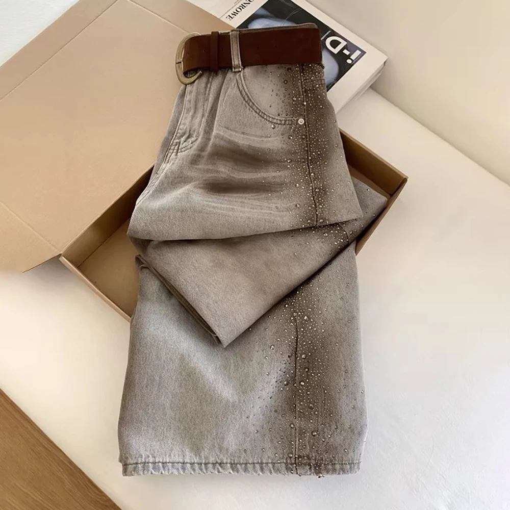 Women Rhinestone Wide Leg Denim Pants Trendy Shiny Rivet Straight Loose Brown Jeans American Style Y2K Casual Floor Length Pants