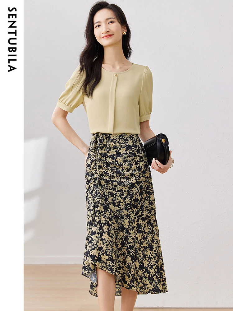 

SENTUBILA Women's Floral Skirt Suit 2024 Summer Vintage Crew Neck Short Sleeve Blouse Ruched Skirt Two-piece Set Lady 132Z49799