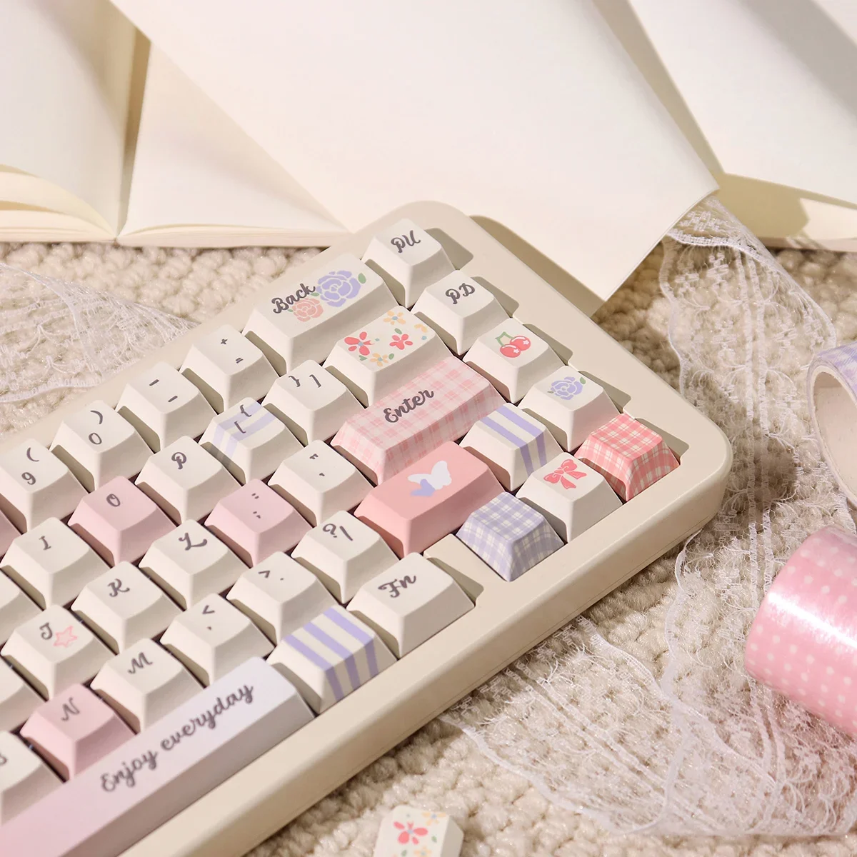 【Plaid Garden】Sweet Pink PBT Keycaps Cherry/MOA Profile Romantic Flower Bow Keyboard Caps Small Fresh Pastoral Style Keycap