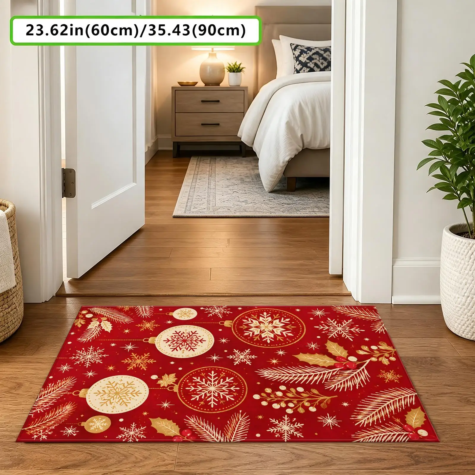 1pc 2D Flat Christmas Bauble Snowflake Golden Pine Branch Printed Floor Mat, Decorative Rug for Living Room, Bedroom, Home