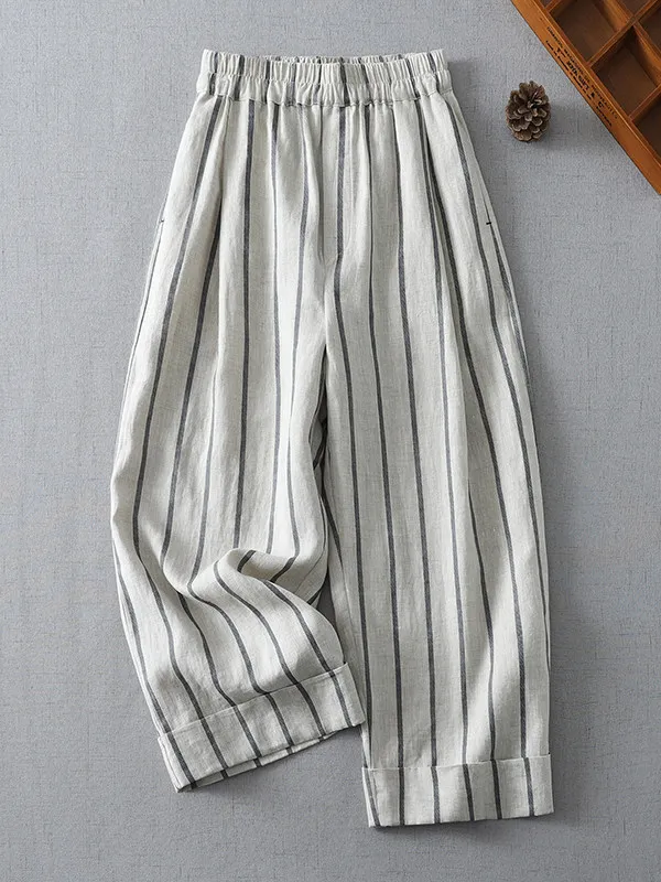 

Retro High Waist Straight Leg Pants Women's plus Size Casual Trousers Color Woven Vertical Stripes Cuffed Leisure Pants