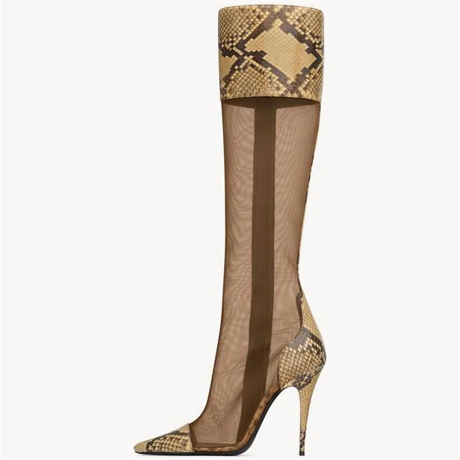 Women Snake Print Mesh Knee‑High Boots Pointed Toe Stiletto High Heel Boot Side Zipper Transparent Party Club Fashion Long Boots