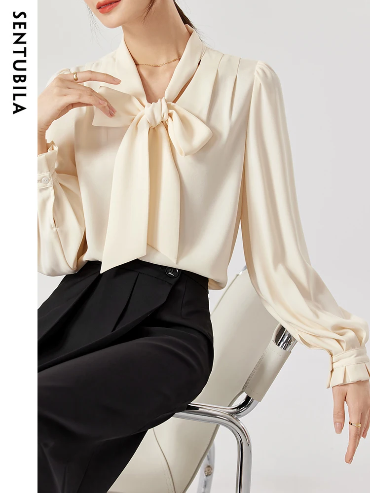 SENTUBILA Elegant Bow Neck Shirts & Blouses Women 2024 Office Lady Fashion Frenchy Long Sleeve Tops Woman Clothing 131V47412