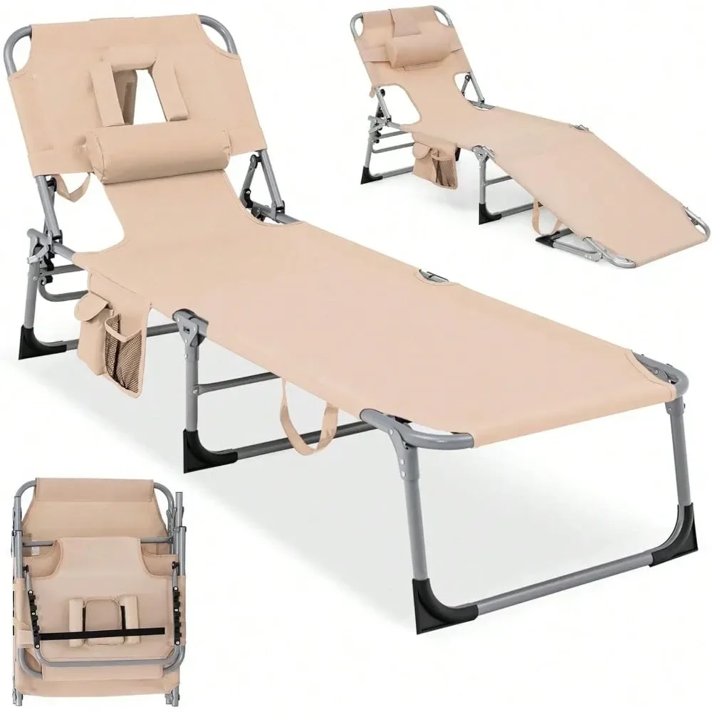 

Beach Lounge Chair, Tanning Chair With Face Hole, 5Position Adjustable Backrest, Pillow Side Pocket, Foldable Chaise Lounge Cha