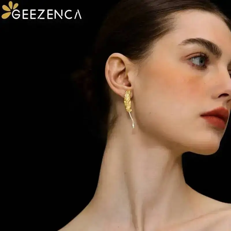 GEEZENCA 925 Sterling Silver Two Tone Quill Pen Ink Earrings For Women Vintage Artistic Unique Chic Earring 2024 New Party Gift