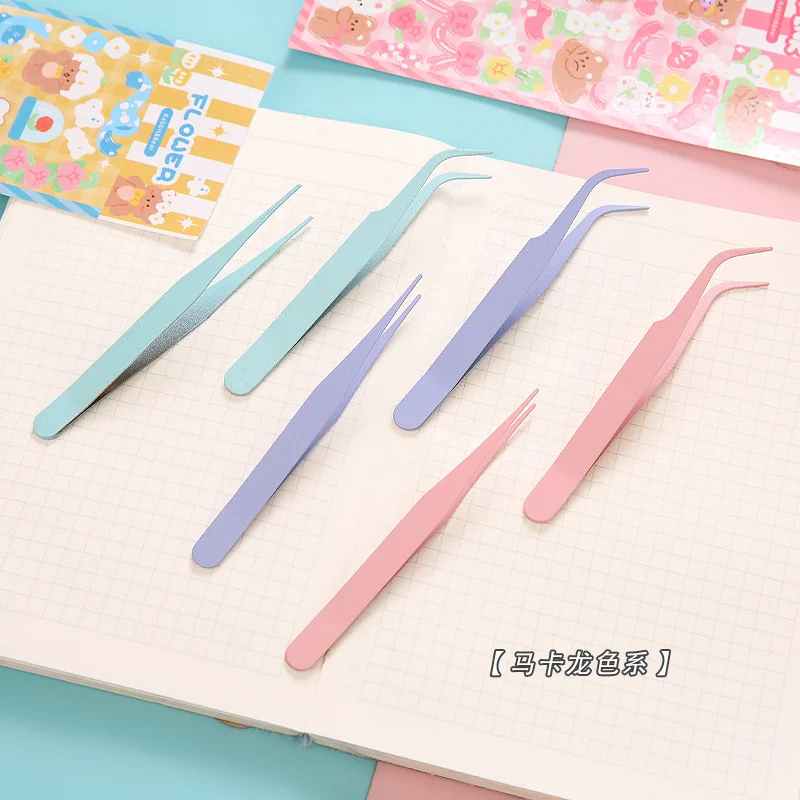 2PCS Macaron Tweezer Set Straight Bent Pointed Stainless Steel Clips Suitable for DIY Scrapbooking Stickers Eyelash Extension