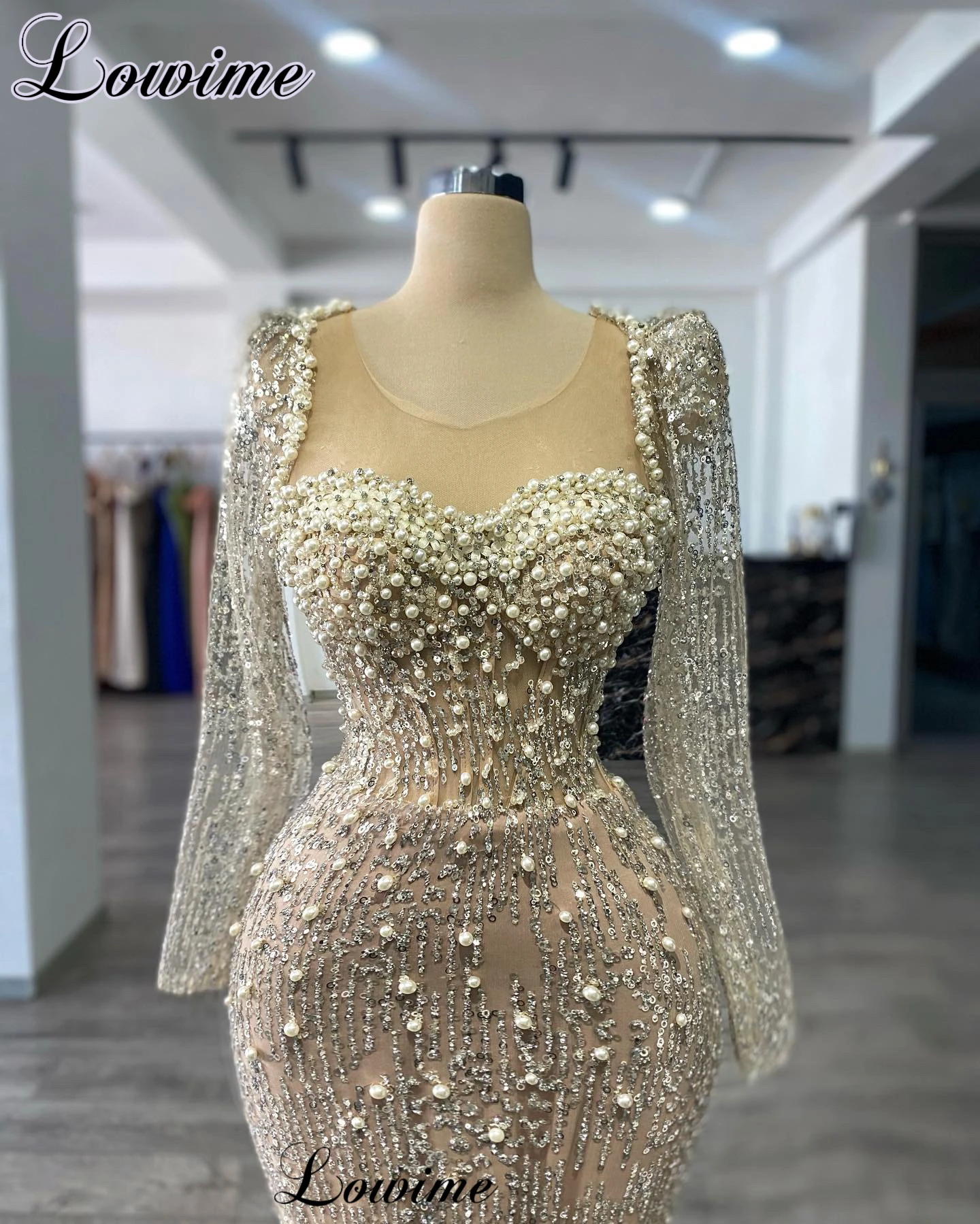 Long Sleeves Champagne Sequined Evening Dresses Pearls Mermaid Opening Ceremony Dresses Robes De Soirée Prom Party Dresses