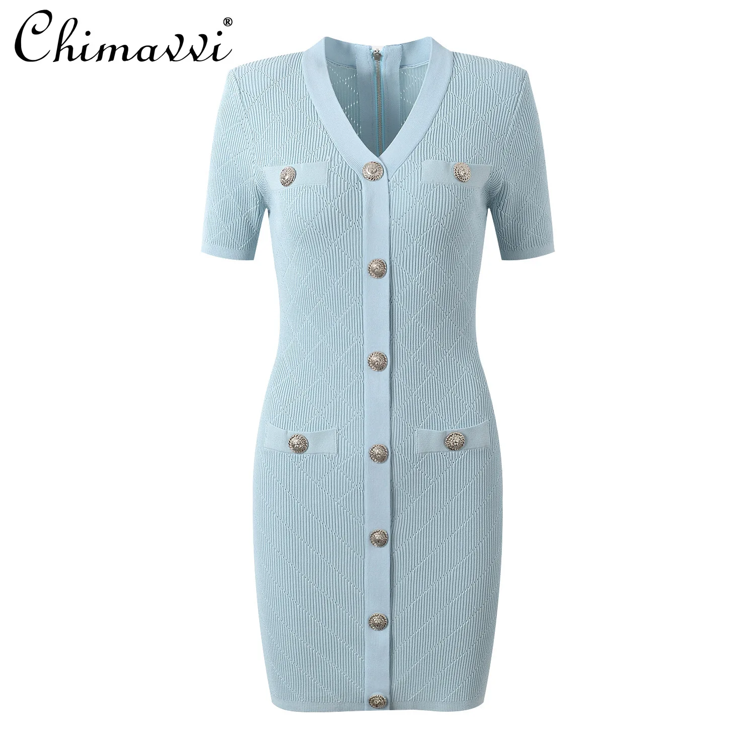 

High-end Commuter White Slim Fit Hip Dress 2024 Summer New Fashion Temperament V-neck Ice Silk Knitted Above Knee Dress Women