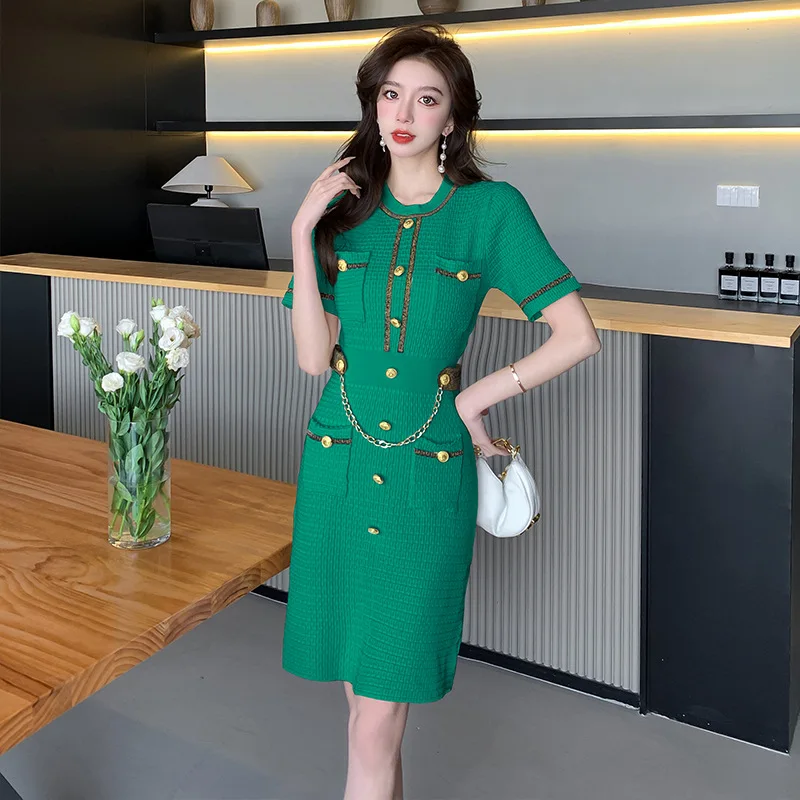 

High Quality Green Black Beige Summer New Short Sleeved Knitted Dress Women