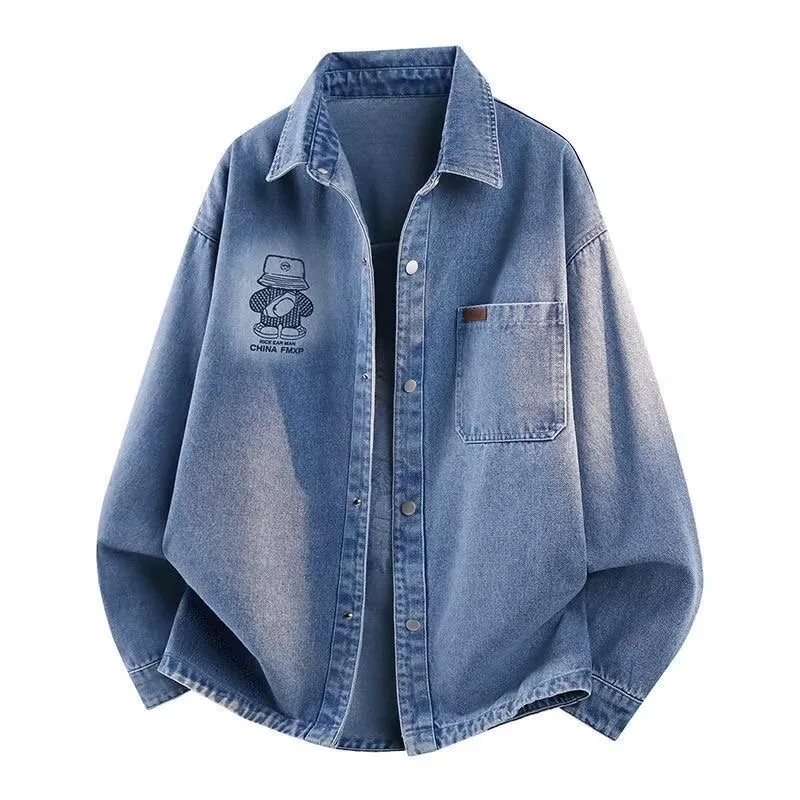 Men's Oversized Denim Shirt Jacket with Bear Print Long Sleeve Casual Streetwear Button Down Top for Men Spring Autumn Loose Fit