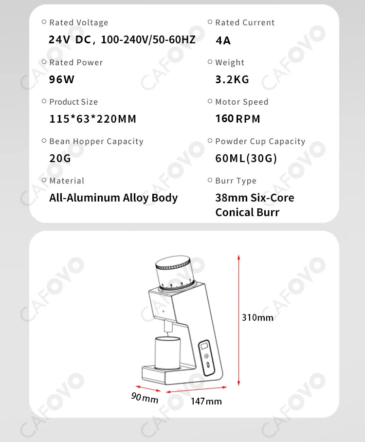 CAFOVO FR-005mini مطحنة القهوة الكهربائية 160 دورة في الدقيقة 304 الصلب 38 مللي متر نتوءات مخروطية المحمولة في الهواء الطلق مطحنة القهوة القابلة لإعادة الشحن