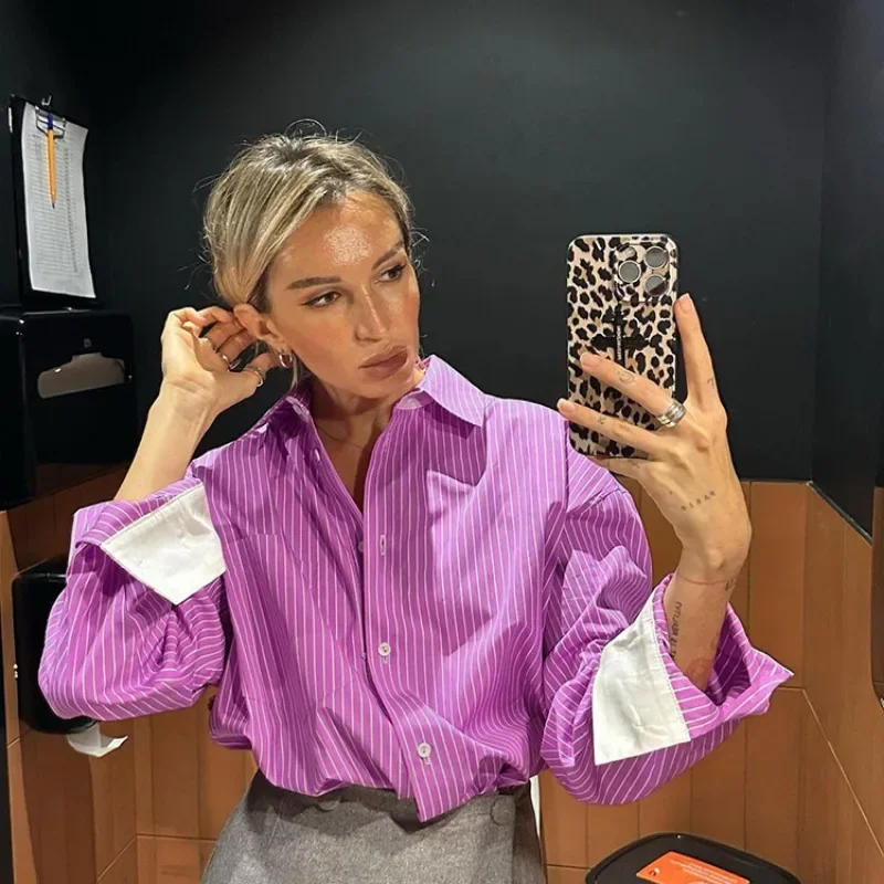 

Новая осенняя женская повседневная рубашка 2026 года с контрастными полосками, розовая, свободного кроя, с длинным рукавом