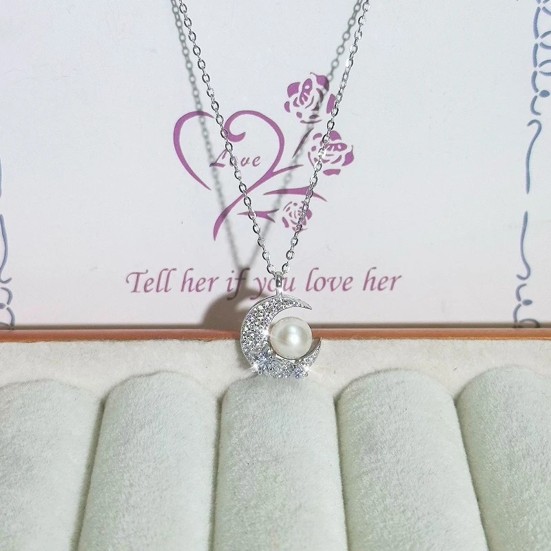 Original S925 sterling silver moon necklace with a fashionable and high-end design pendant featuring natural freshwater pearls a