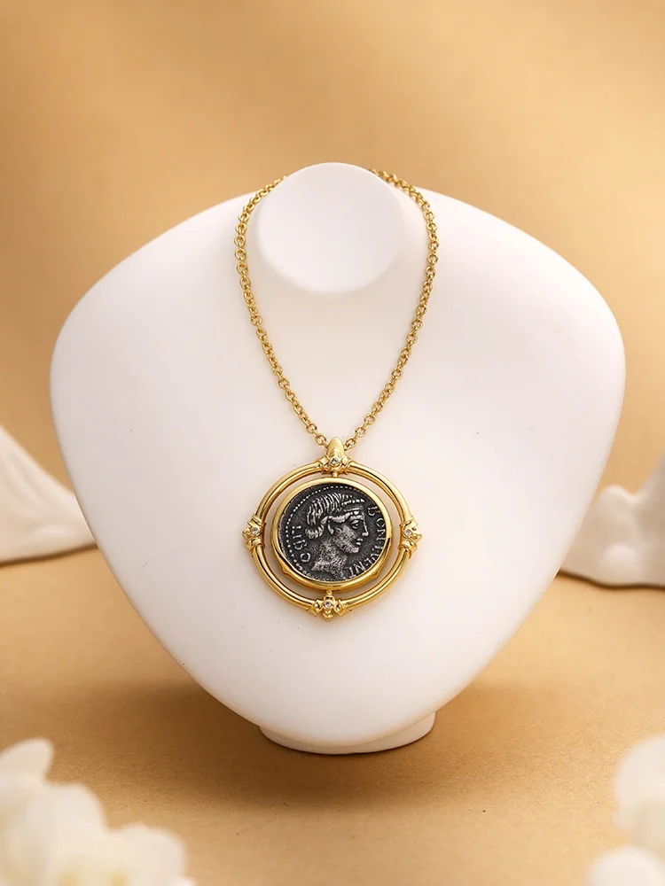 Ancient Roman lucky goddess coin necklace retro 925 silver coin coin necklace sweater chain