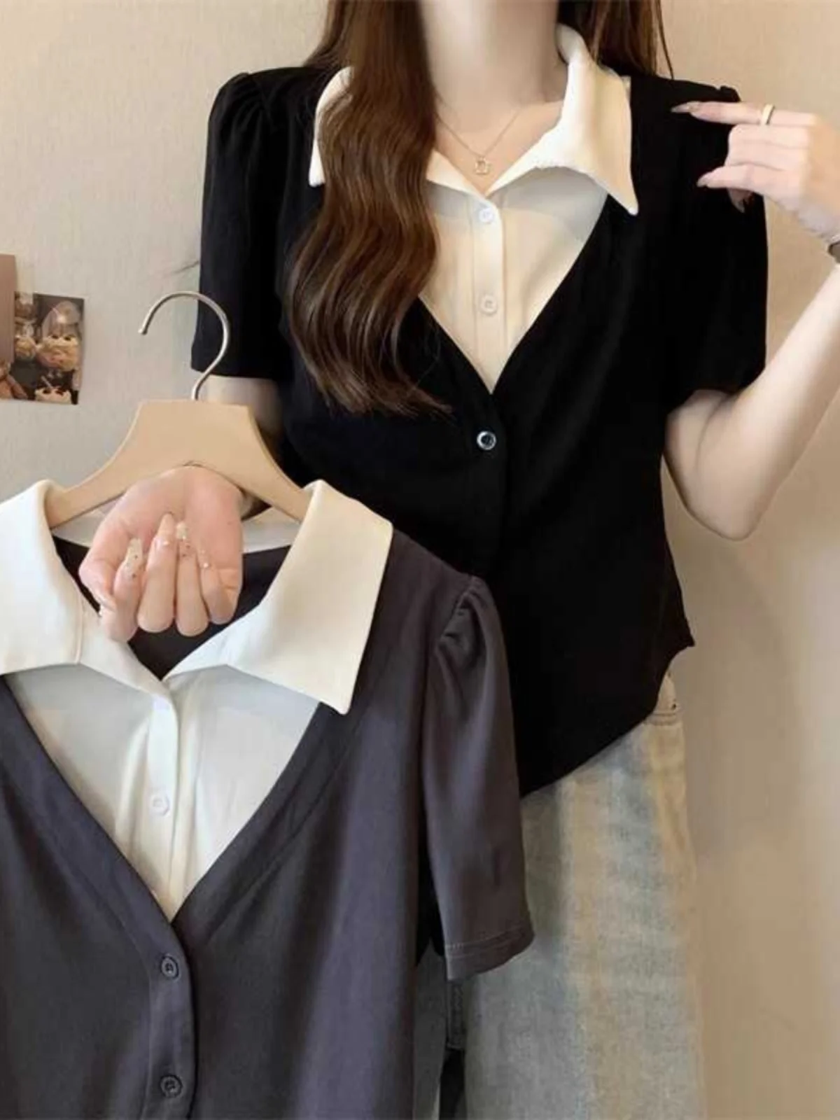 

Женский летний топ-накидка в винтажном стиле, имитация двухслойного дизайна, корейский стиль, для полных женщин, стройнящий силуэт