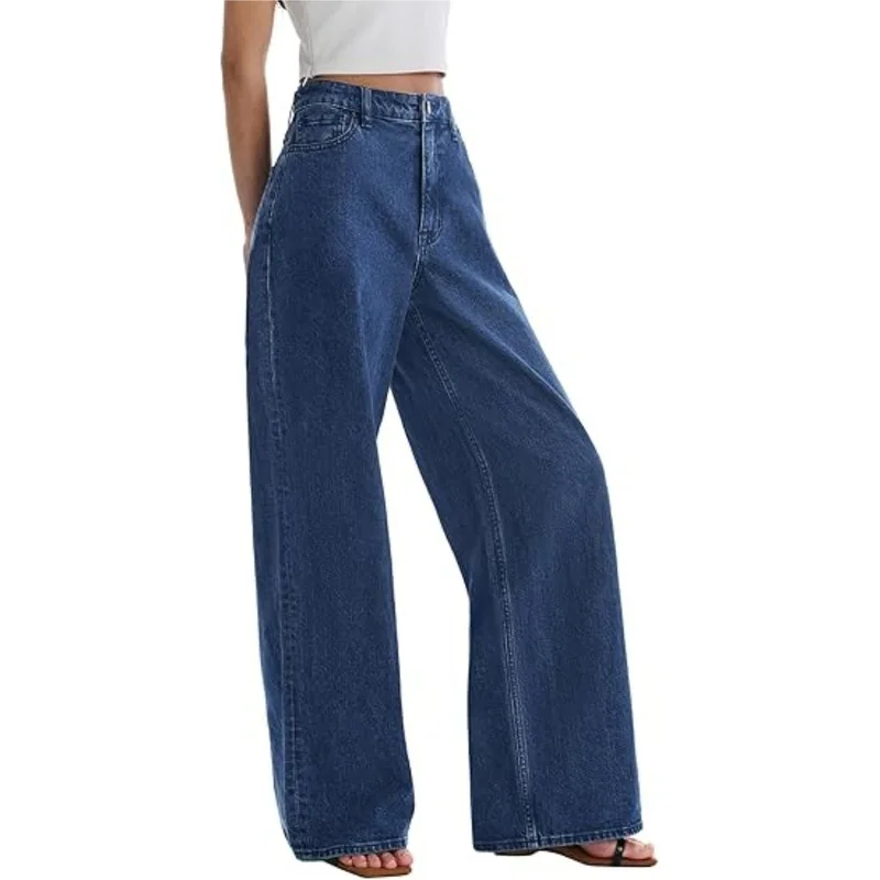 Women's High Waist Wide Leg Pants Hip Lifting Straight Tube Loose Fit Washed Denim European American Style Spring 2026 Casual