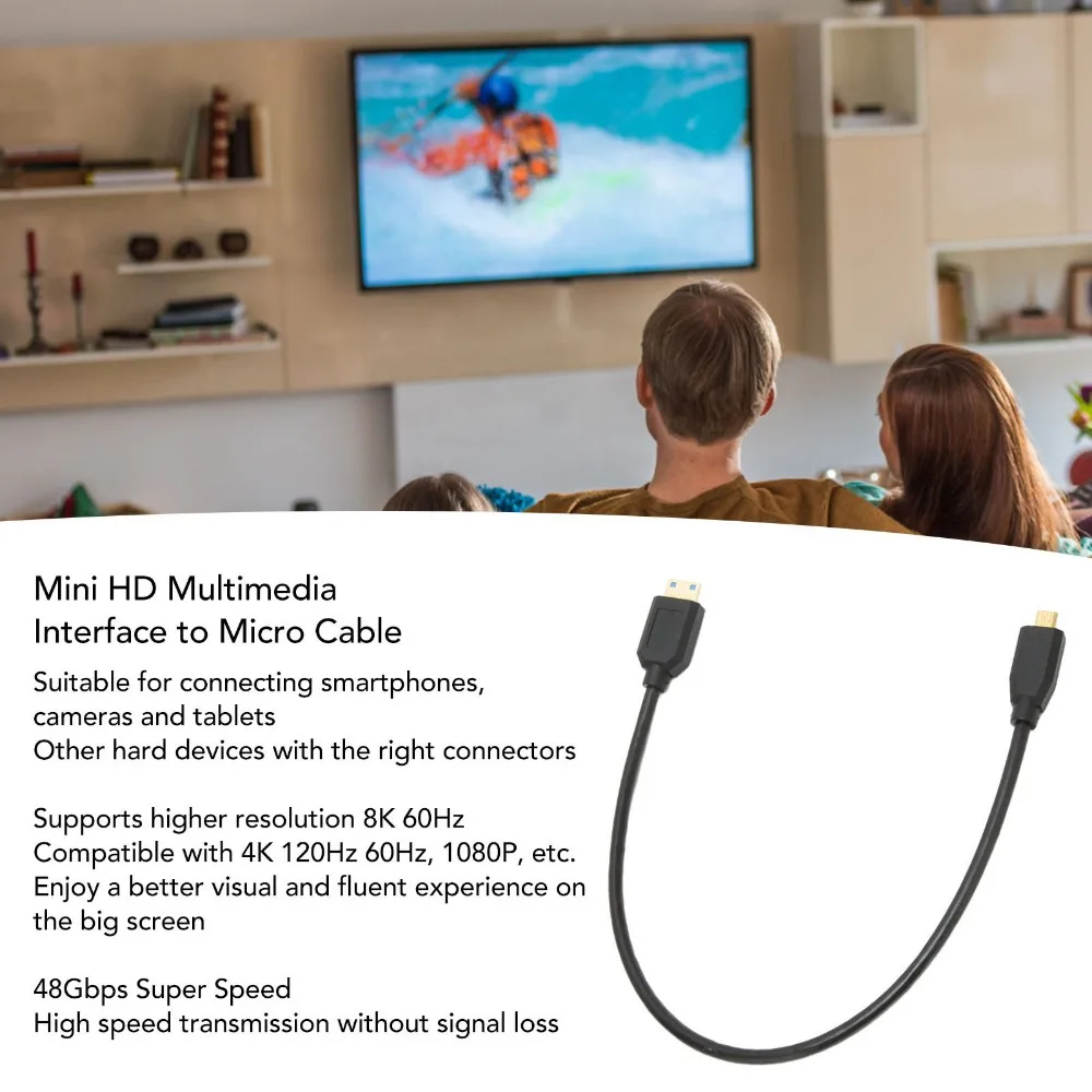 Support 8K 60Hz and 4K 120Hz Mini HD Multimedia Interface to Micro Cable High Speed HD Converter Cable Mini HD to Micro HD Cable