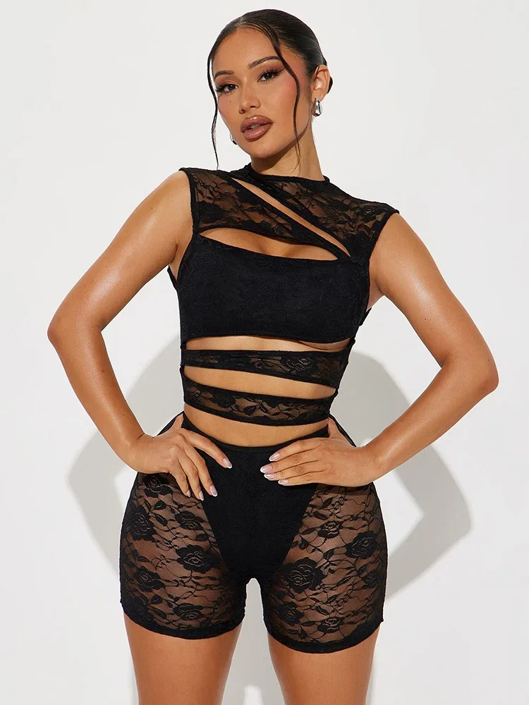 

Lace Patchwork Women Playsuits Summer Solid Coquette See Through Hollow Sleeveless Skinny Rompers Female Sexy One Piece