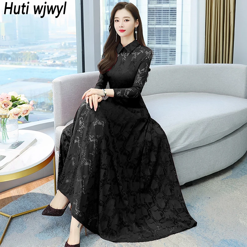 

Spring Autumn Lace Sexy Maxi Dress 2024 Black Polo Collar Long Sleeve Dress Women Vintage Elegant Bodycon Casual Party Vestidos