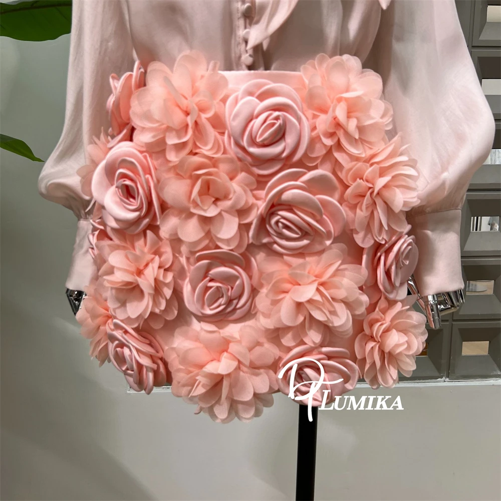 DTLumika - 秋の新作ピンク花柄シャツ＆スカート、シフォン長袖Tシャツとジッパー付きギャザースカート レディースファッションコーデ