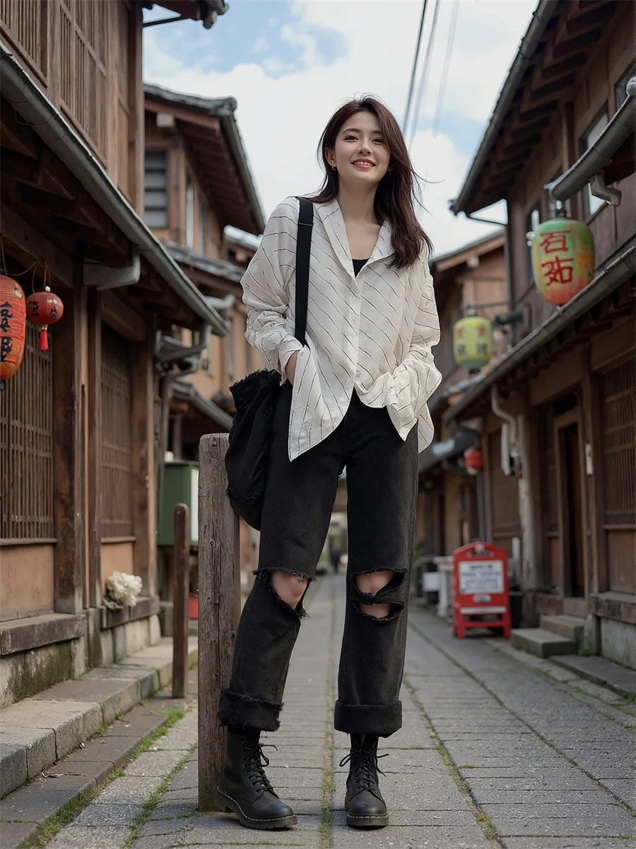 Loch Zerrissene Jeans Baggy Für Frau Denim Hosen Frauen Kleidung Herbst Satin Breitbeinig Arbeiten Pendeln Büro Professionelle Einfache