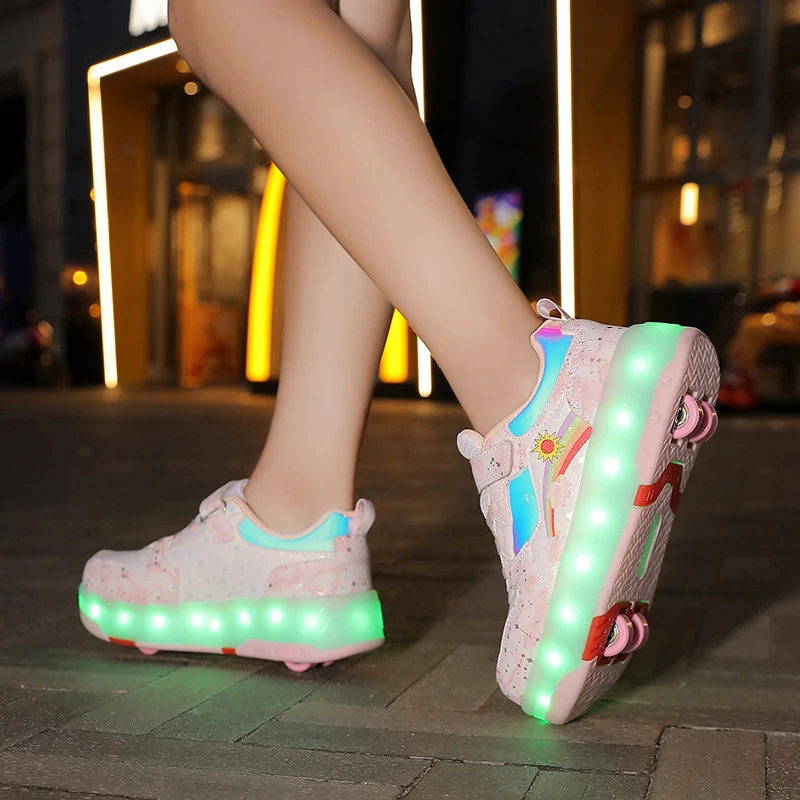 

Boys Girls Roller Shoes LED Light Up USB Charging Children Roller Skate Casual Skateboarding Shoes Sports Shoes Kids Sneakers
