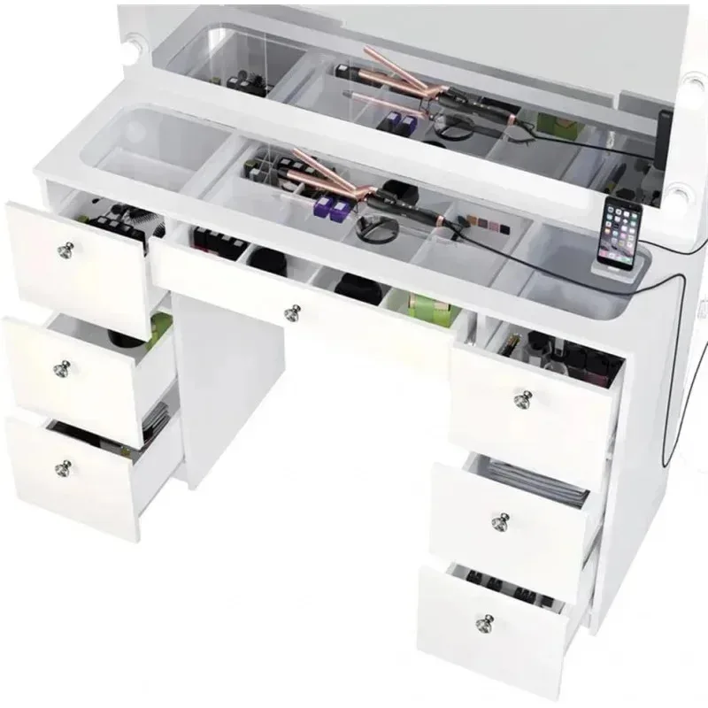 QAZ8-Bhaus Yara مكتب غرفة نوم كبير مع مرآة وأضواء. 7 أدراج. سطح زجاجي. مقابض كريستال - مكياج أبيض كبير @ Y