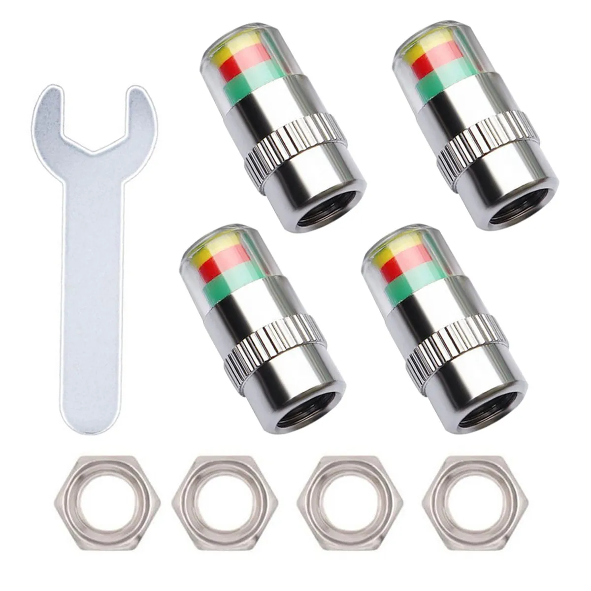 

1Set Tire Pressure Monitor Caps with Anti-Theft Nut Green Yellow Red Color Indicator for Car Tyre Pressure Monitoring Sensor