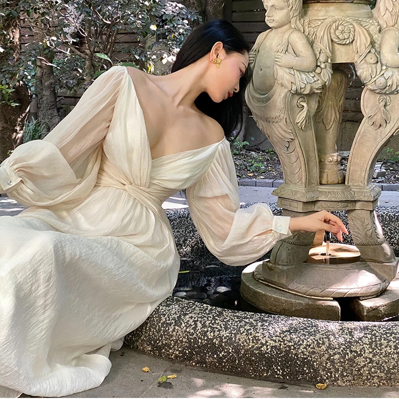 Maxivestidos plisados con cuello en V para mujer, vestidos de fiesta con flecos de encaje, manga abombada, con volantes, elegantes, de verano