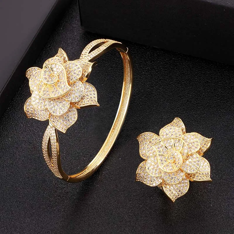 

Zlxgirl 2pc Flower Dubai gold bangle Bridal Jewelry For Women Wedding Zirconia aretes de mujer modernos couple bracelet gift