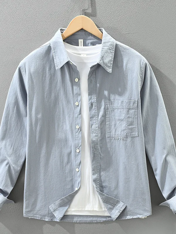 

Japanese Sle Long Sve irt Men's Casual Loose Top Faionable All-Match Artistic Cotton Plain Color Spring Autumn Wear