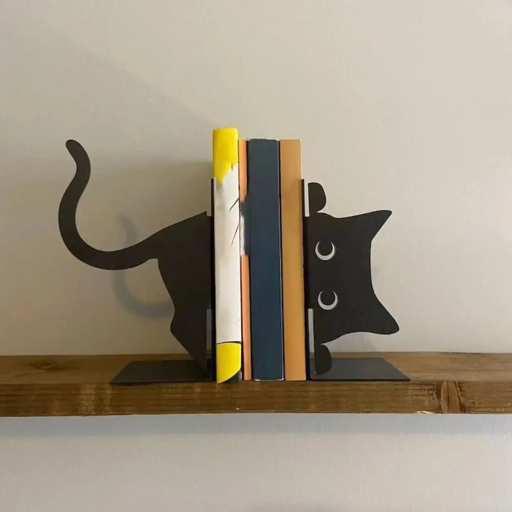 

Creative Whimsical Cat Design Metal Bookends Cartoon Rounded Edges Book Holders Decorative Black Cat Bookends Office