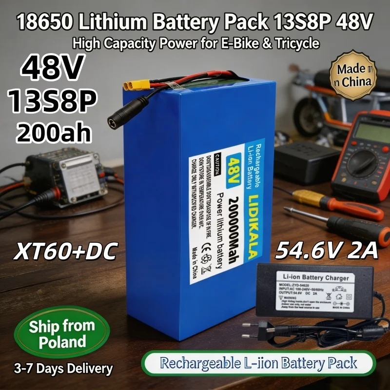 48V 200000mAh 13S8P 18650 Lithium-Akkupack, wiederaufladbarer Li-Ionen-Akku für E-Bike, Dreirad, E-Scooter, DIY-Ersatz, Versand aus Polen