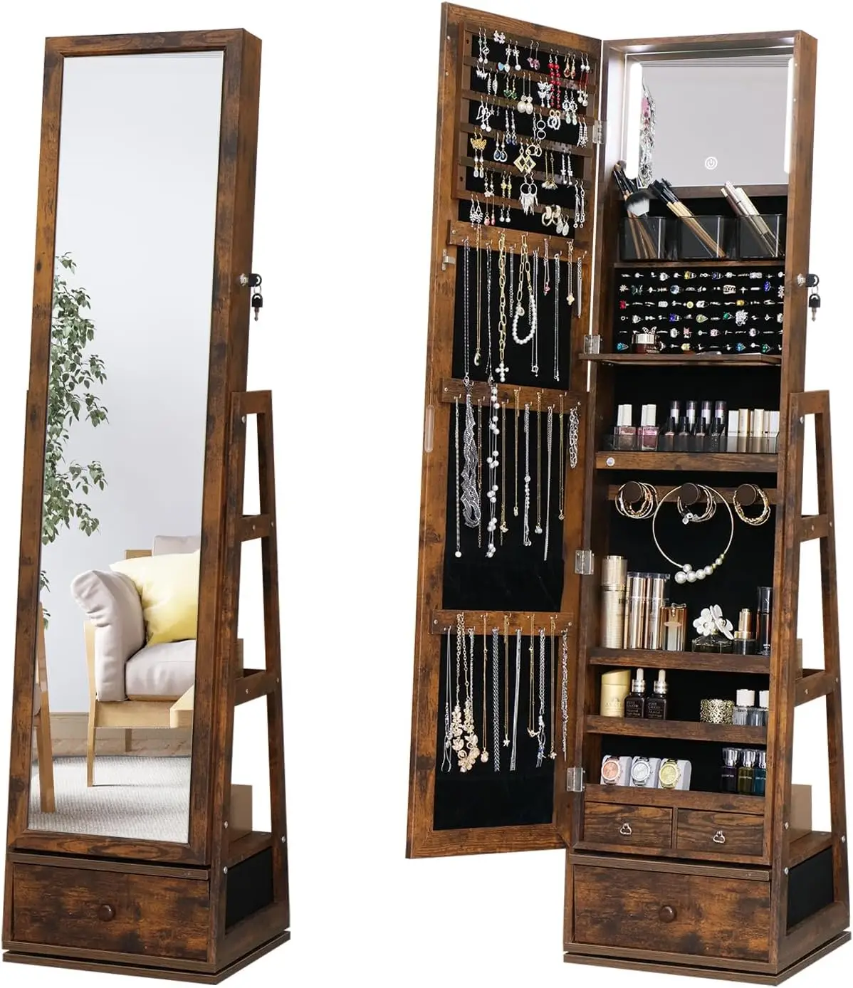 360 Swivel Full Length Mirror Jewelry Cabinet with Lockable Storage, Rustic Brown