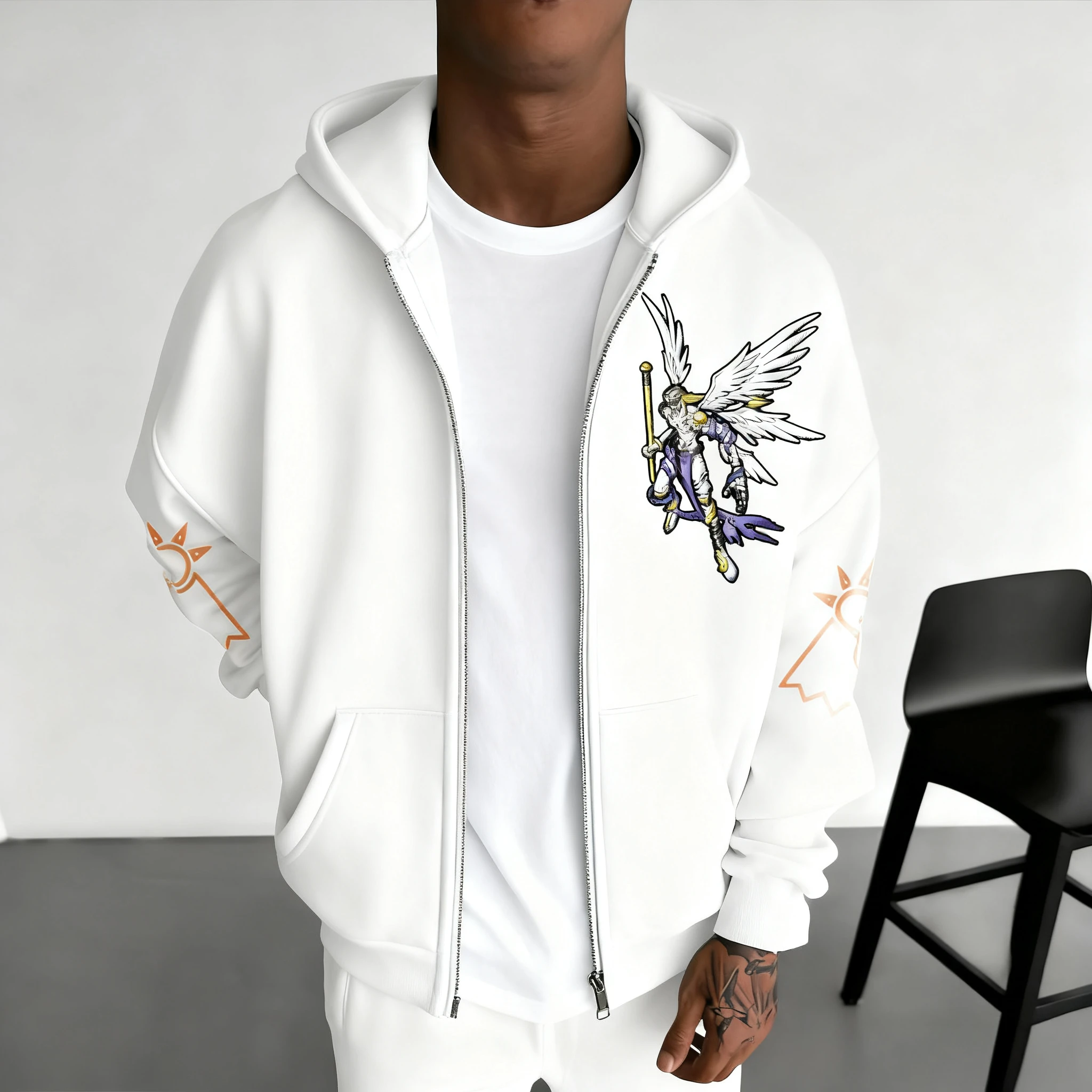 Digimon Adventure-Sudadera con capucha y cremallera para hombre, suéter holgado informal con estampado de Anime Angemon, tendencia americana Y2K, otoño/invierno, 2025