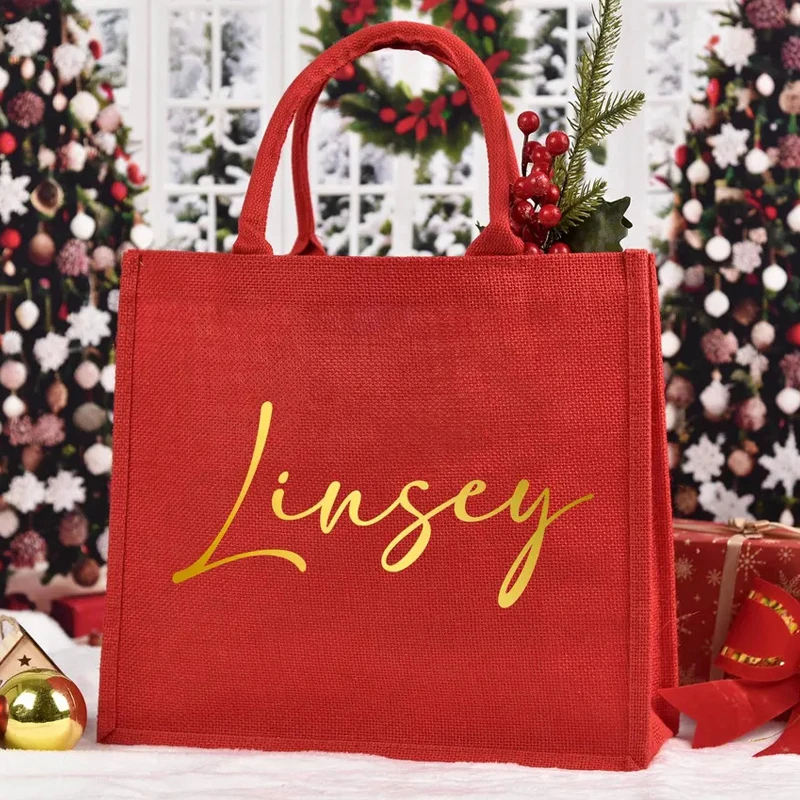Personalized Christmas Gift Bags Custom Bridesmaid Wedding Red Large Burlap Christmas Eve Holiday Party Gift Tote Bags Sacks