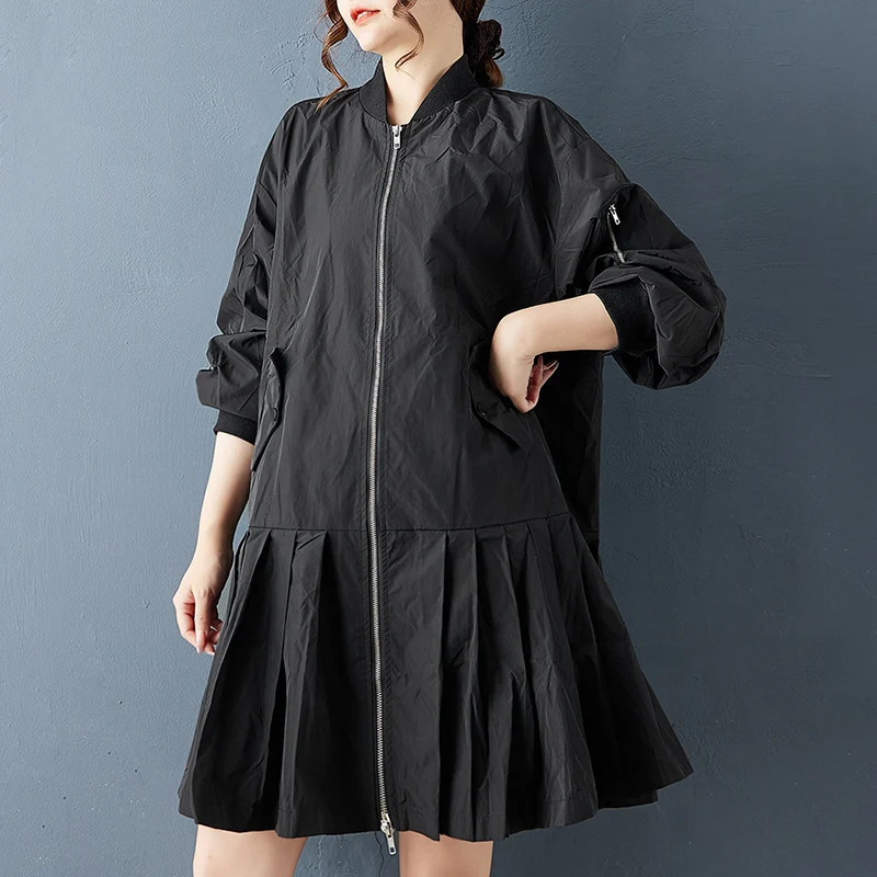 معطف أسود عتيق كبير الحجم للنساء جديد مرقع مطوي ملابس خارجية فضفاضة غير رسمية سترة ملابس ربيع خريف 2025