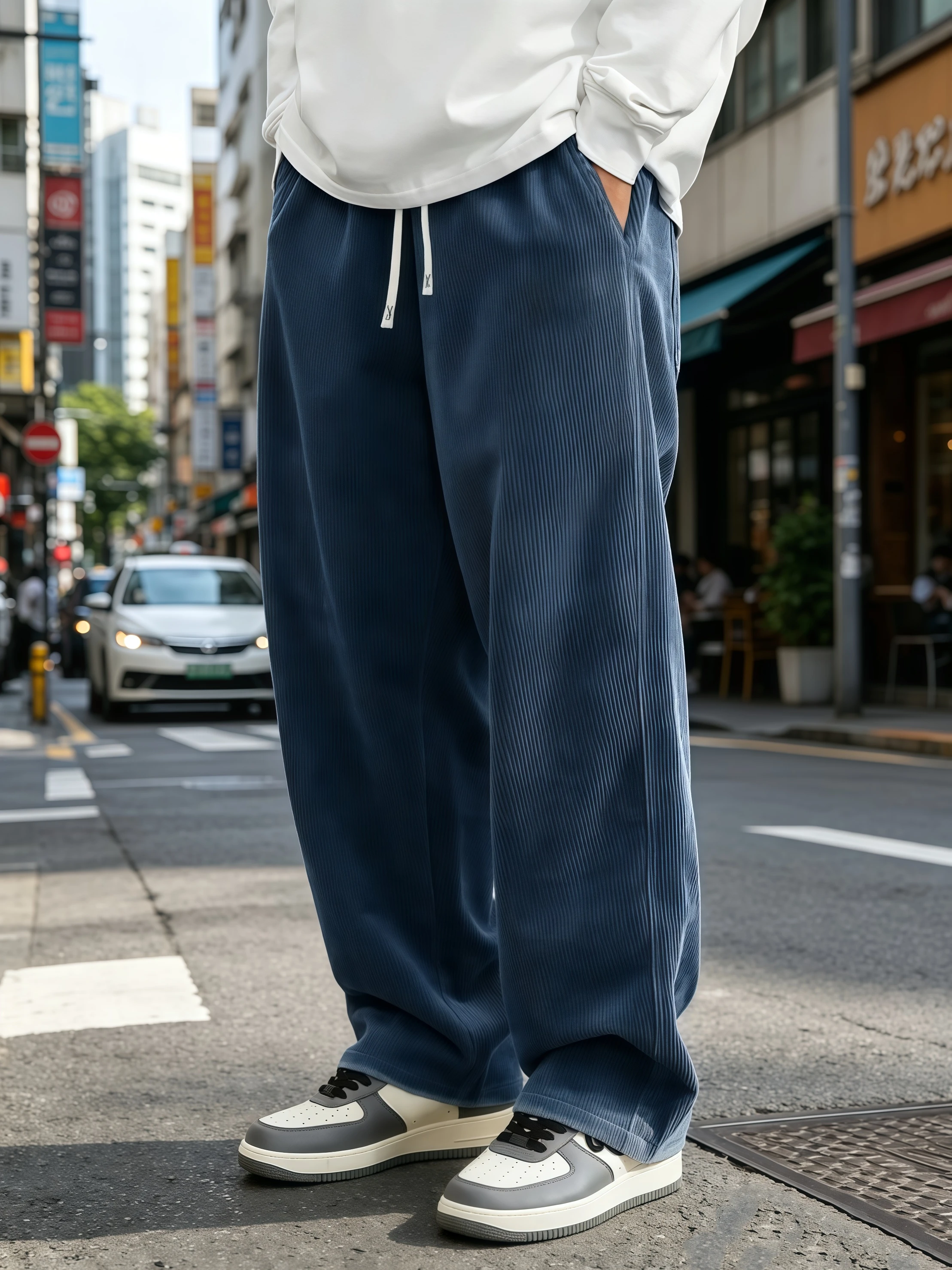 Herren Cordhose mit weitem Bein, einfarbig, lockerer Schnitt, elastischer Kordelzug, gerade geschnittene Outdoor-Streetwear-Hose S-4XL – Detail 7