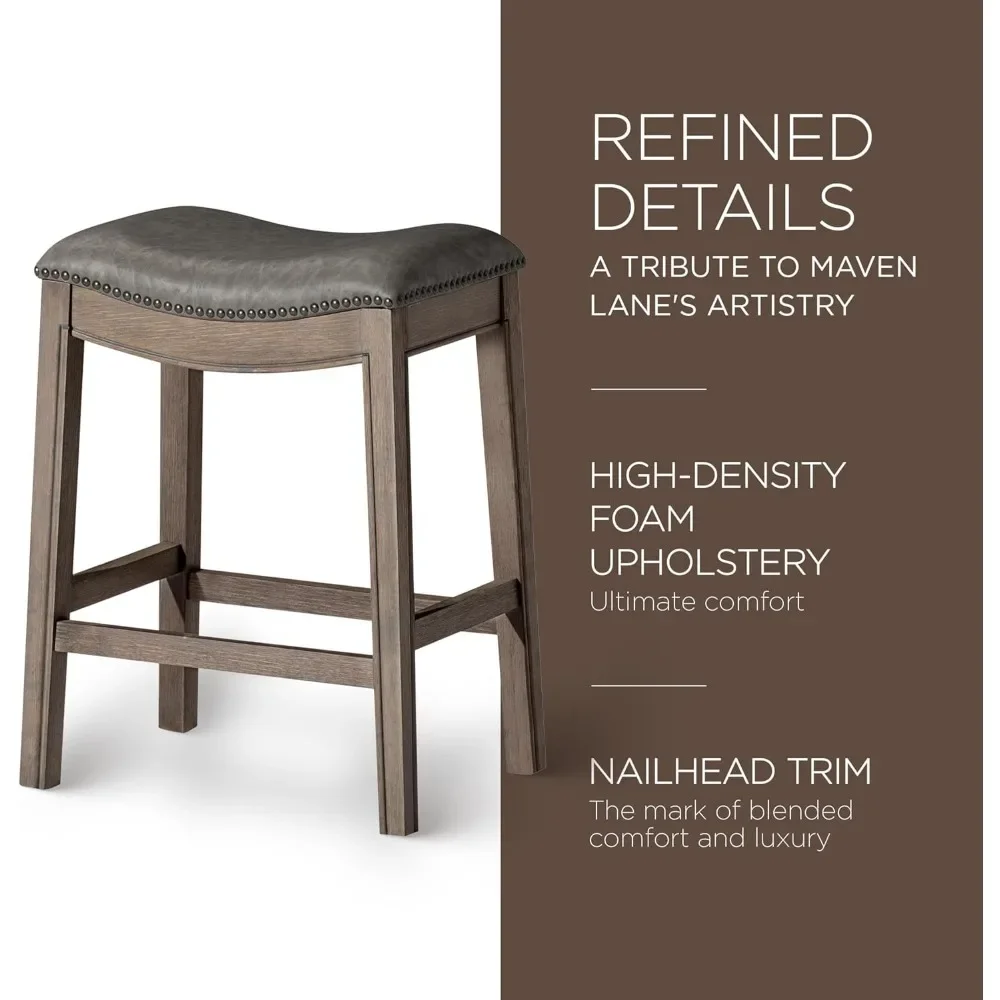 Adrien 26 Inch Counter Height Backless Saddle Barstool in Reclaimed Oak Finish with Ronan Stone Vegan Leather Cushion Seat