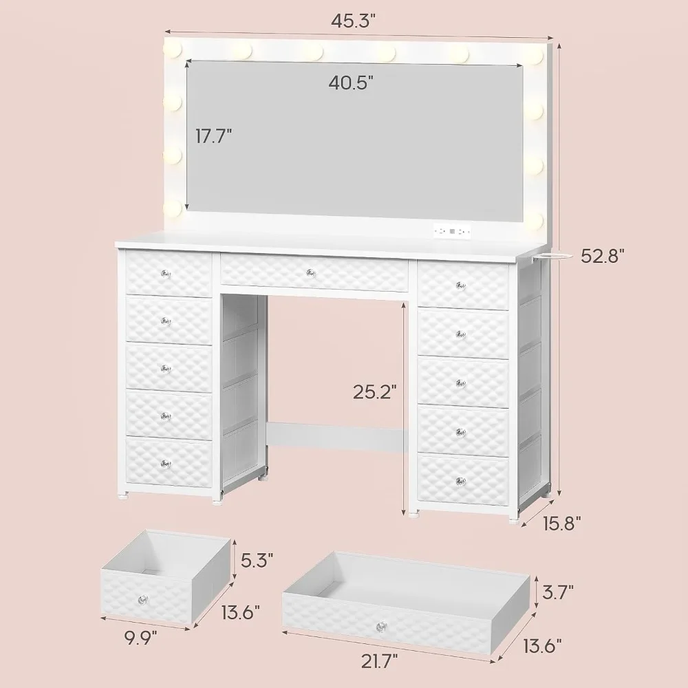 Large Mirrored Makeup Vanity with Built-in Lights and Power Outlet, 45.3