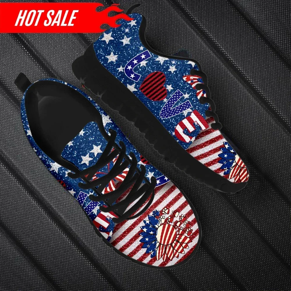 

New Style Women Lace up Running Sneakers Stylish American Sunflower Love Design Female Flat Shoes Chaussures