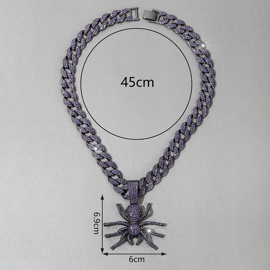 

Purple Cuban Chain Spider Animal Ice Crystal Pendant Shiny Hip Hop Rap Necklace for Men Women Jewelry