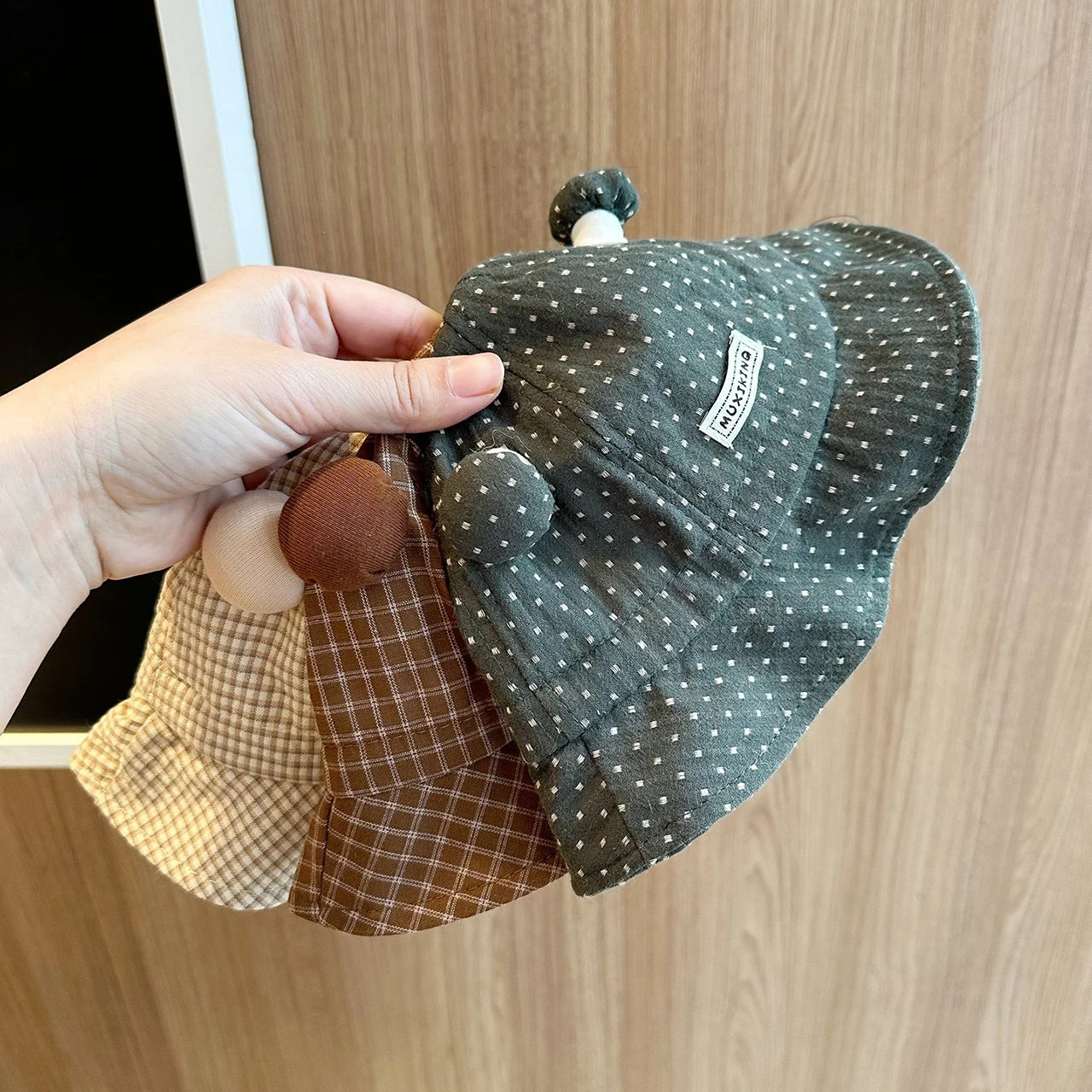 Sweet Bow Baby Fisherman Cap Retro Plaid Striped Kids Bucket Hats 3-18Month Infant Sunshade Basin Cap Large Brim Outdoor Sun Hat view 5