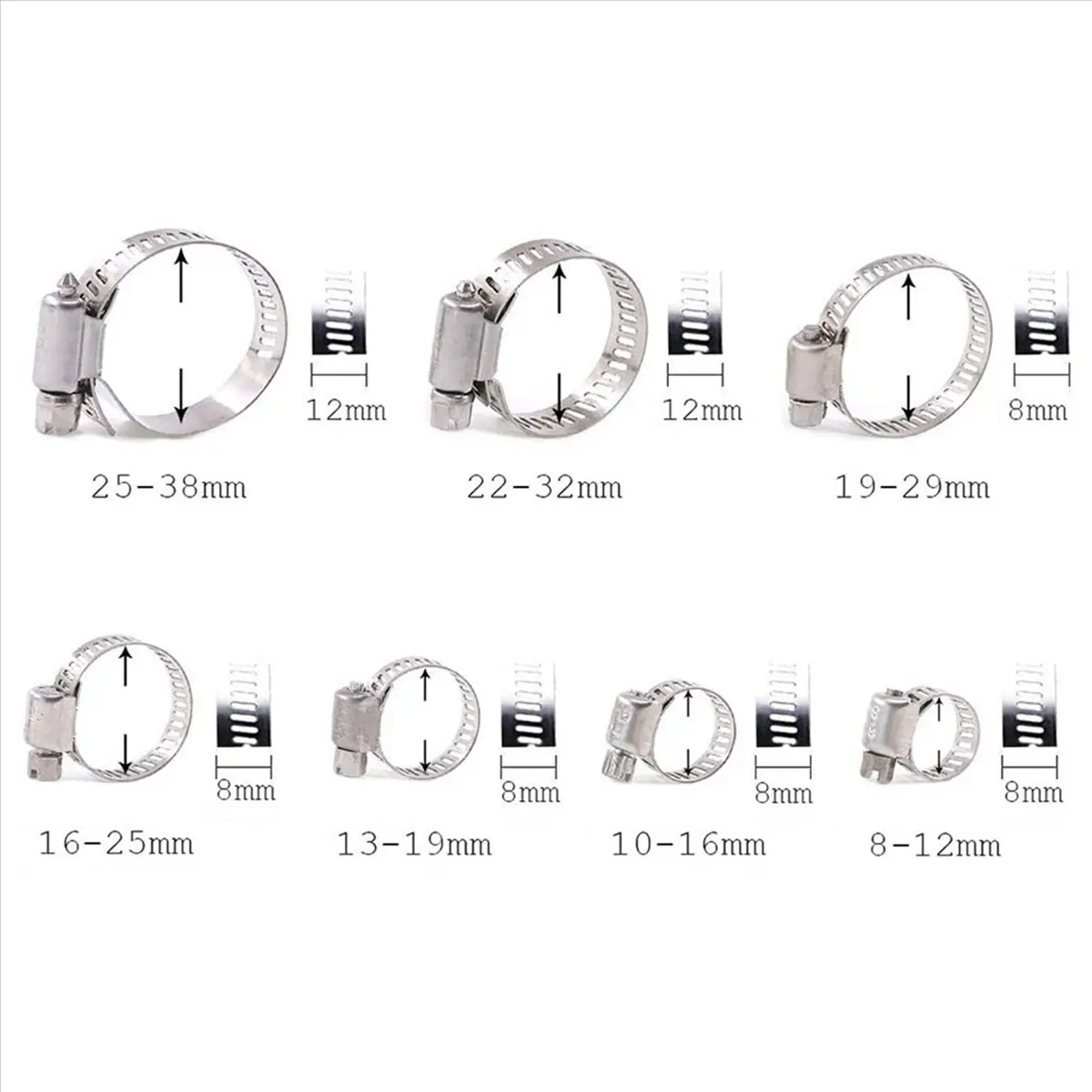 

【STOCK】240-Piece Hose Clamp Set, 8-38 mm Pipe Clamps Made of 201 Stainless Steel, 7 Sizes Hose Clamps, Hose Ties, for Pipes