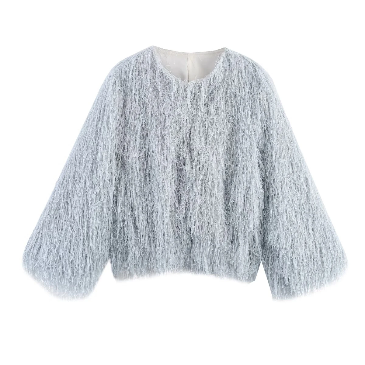 

European and American style 2025 autumn new product women's light blue round neck fringed jacket jacket jacket