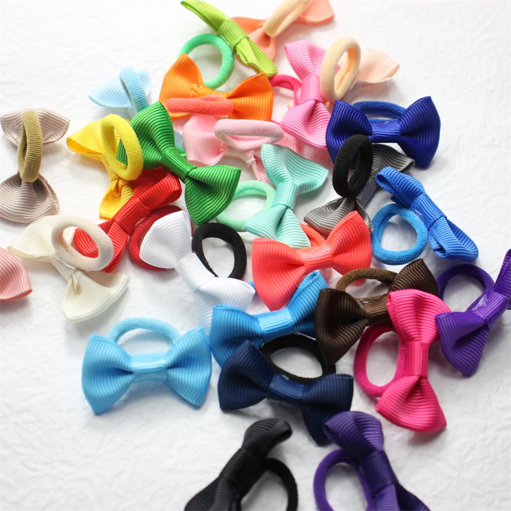 10pcs Baby Girls Ribbon Bow hair rope Thumb Rubber Band Ponytail Hairband Rainbow Colors Small Bowknot Newborn Hair Circle